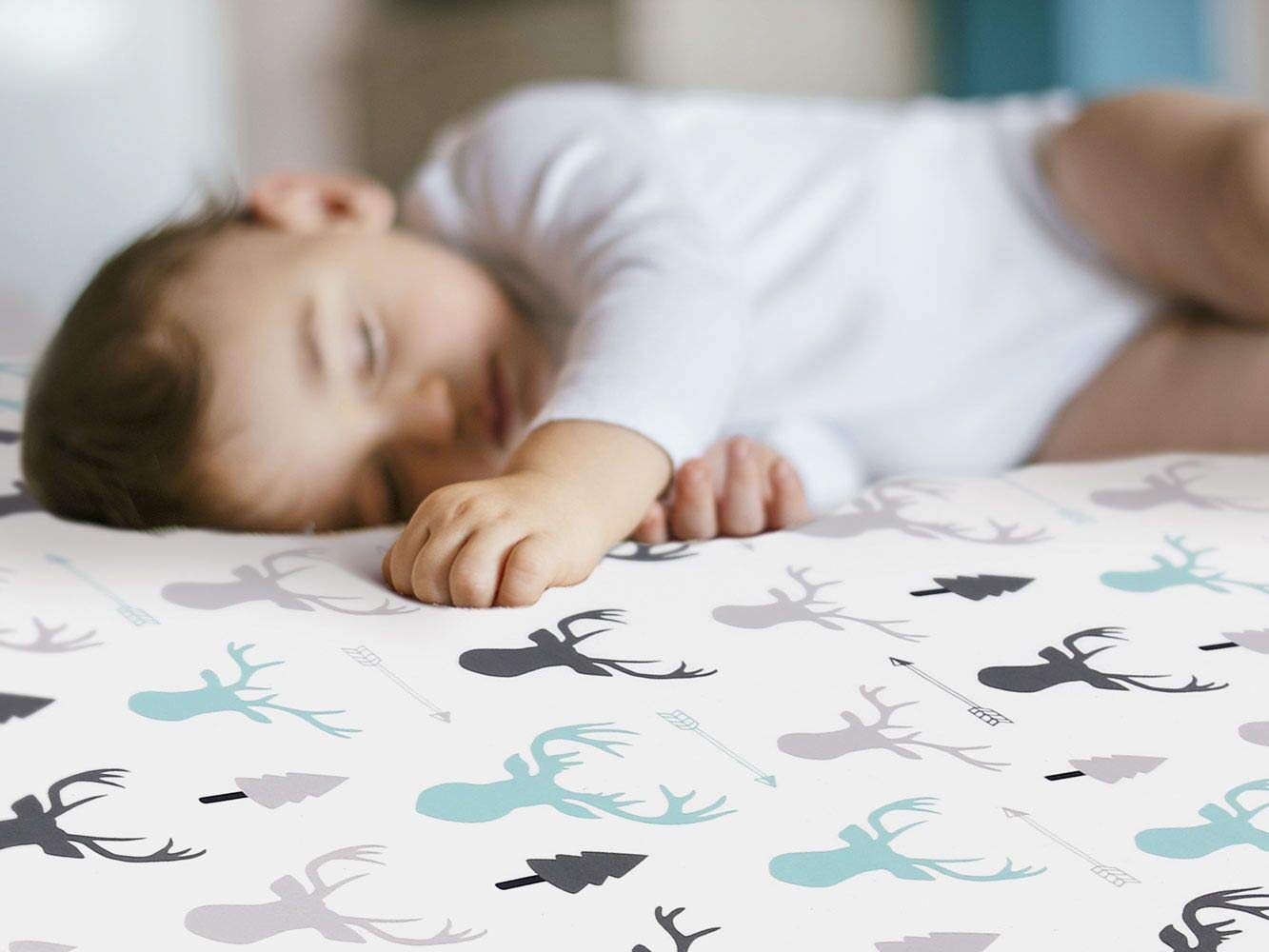 GRSSDER Stretchy Ultra Soft Jersey Knit Fitted Pack n Play Sheets 2 Pack, Playard Sheets for Baby Girls and Boys, Universal Fit for Pack N Plays Safe and Snug, Cute Bear and Deer