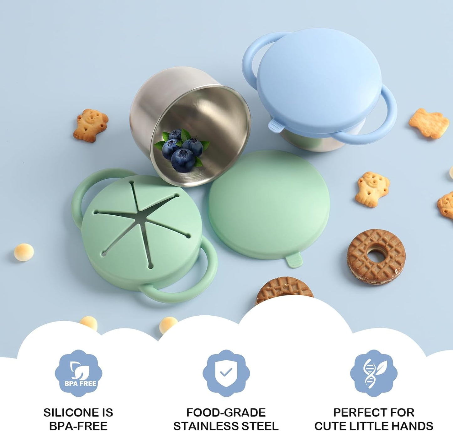 2 Pack Snack Cups for Toddlers Spill Proof - Detachable Stainless Steel Toddler Snack Cups with Silicone Lids & Handles - Dishwasher Safe Baby Snack Containers for Mess-Free Snacking (Blue and Green)