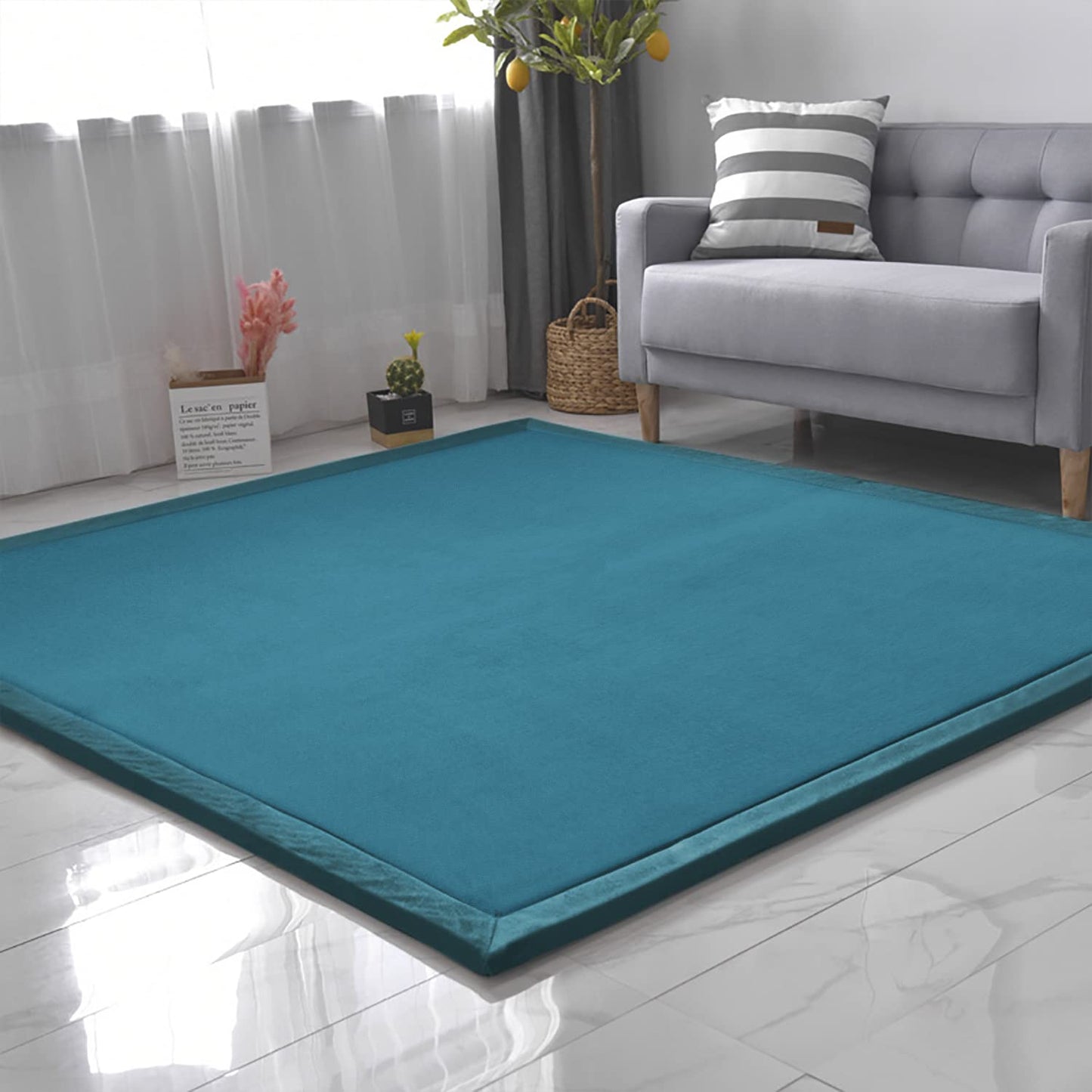 Loartee Nursery Rug Coral Velvet Crawling Rugs Mat Area Rugs Play Crawling Mat(4'9"x4'9", Blue) for Toddler Children Play Mat Yoga Mat Exercise Pads Carpet