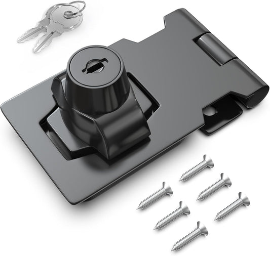 2.5 Inch Keyed Hasp Lock for Cabinets & Small Doors, Twist Knob Design, Heavy Duty Zinc Alloy with Chrome-Plated Iron, Includes Keys & Screws, Black