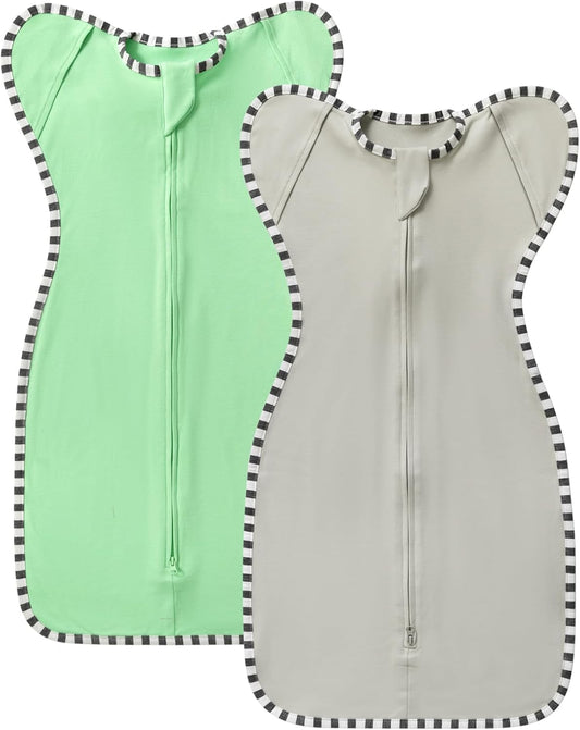 Transition Swaddle, 2 Pack 100% Cotton Baby Sleep Sack, 2-Way Zipper Infant Arm Up Swaddle for Newborn Baby Boys Girls (Green + Grey, L(6-9 Months))