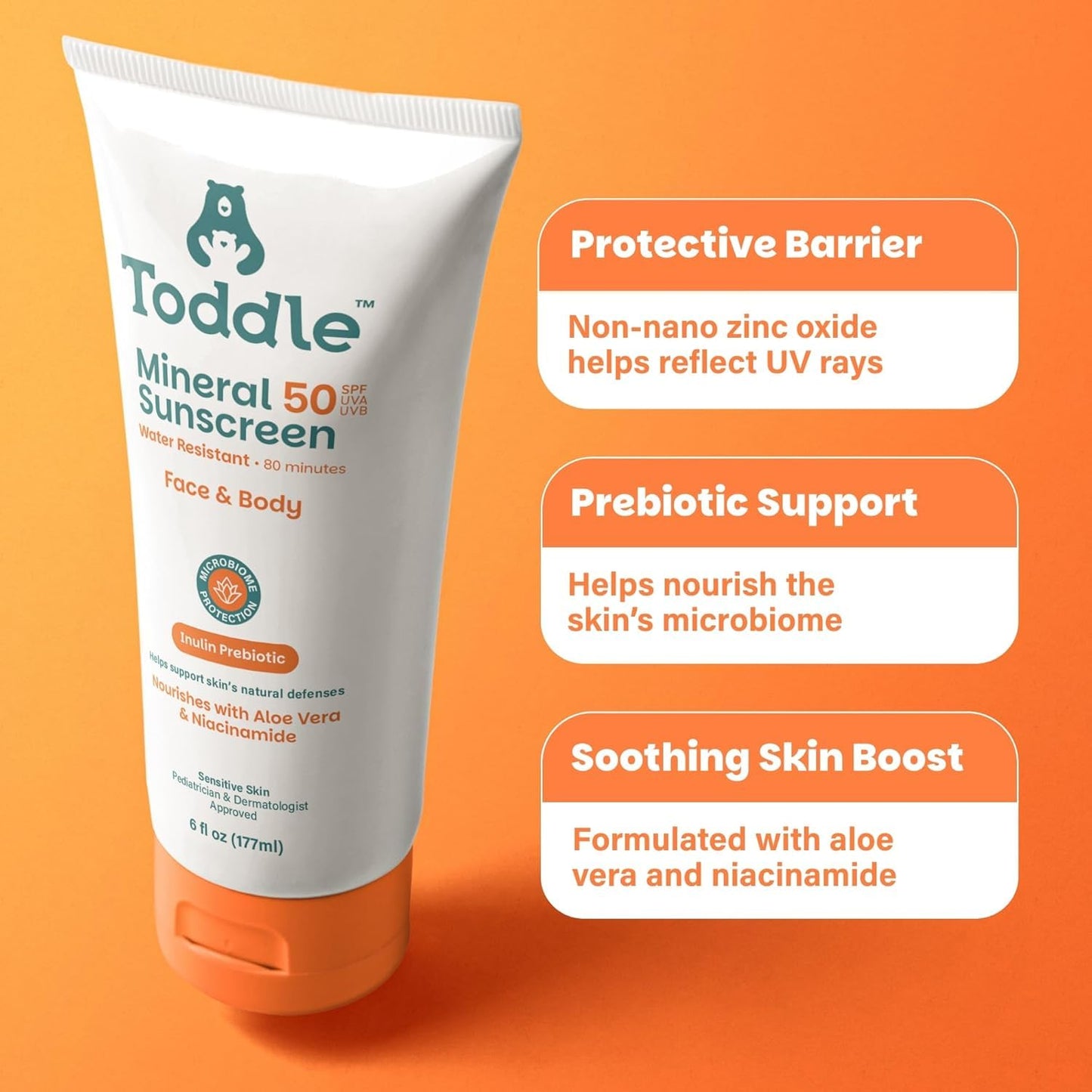 Prebiotic Mineral Sunscreen SPF 50 for Kids & Baby, Face & Body Sun Protection, Reef Safe, Non-Toxic Zinc Oxide Broad Spectrum, Water-Resistant, No White Cast, Travel Size 1.7oz & 6oz Bundle