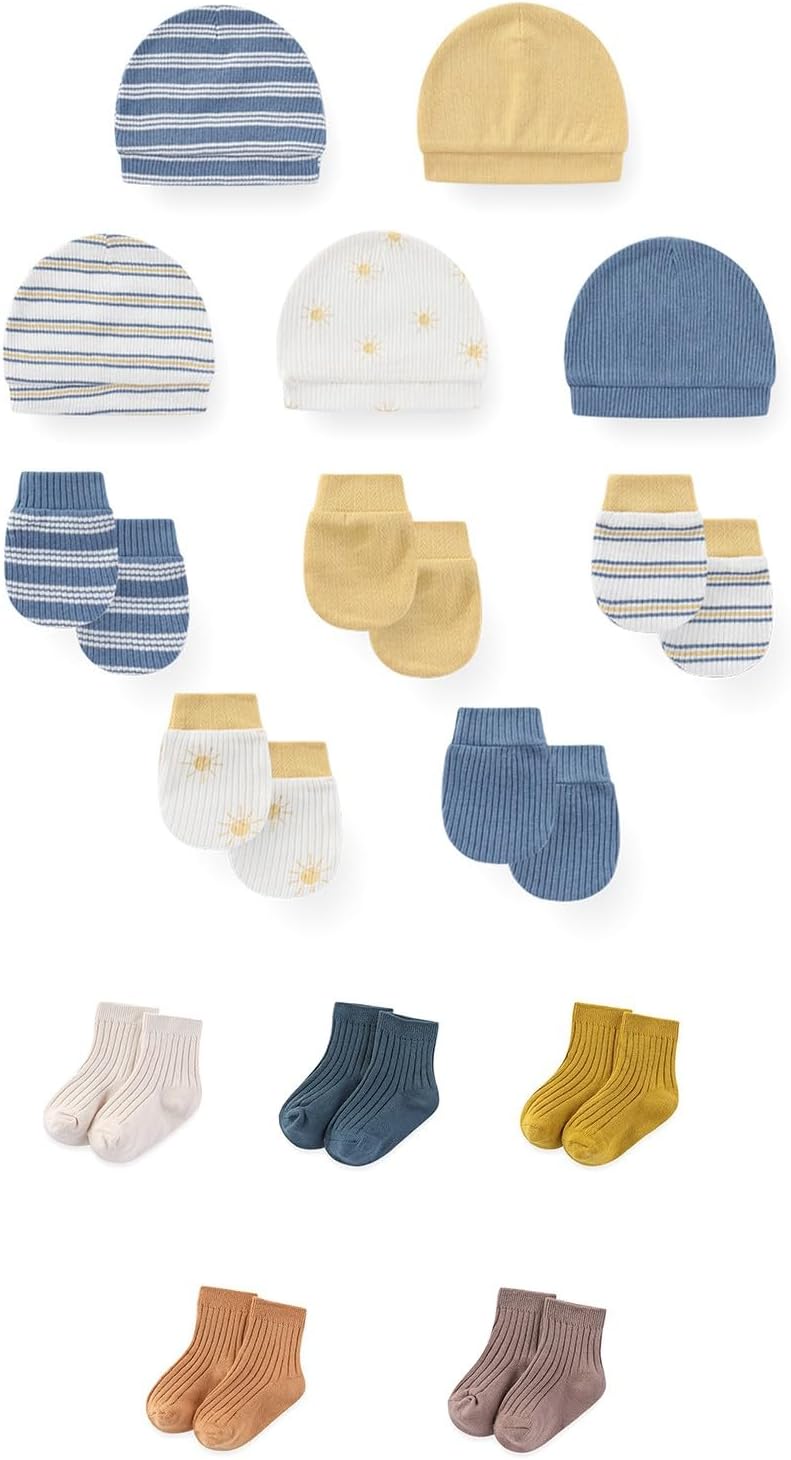 15 Pack Unisex New Born Boy Girls No Scratch Mittens Sets Cotton Soft Baby Gloves Hats socks Accessory 0-6 Months