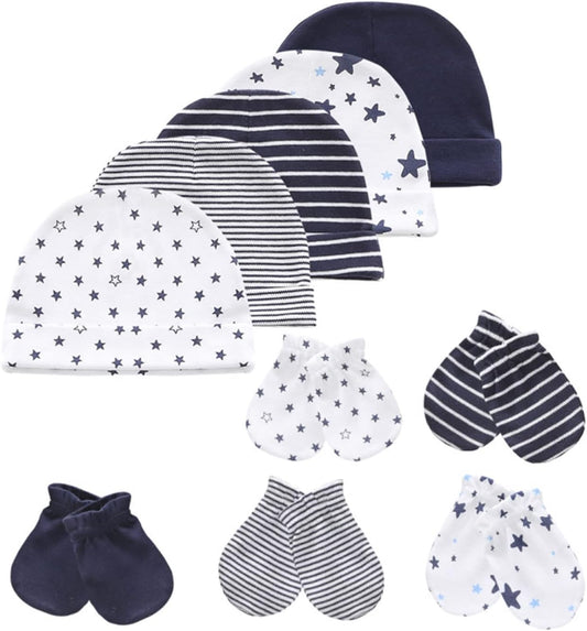 Baby Hat and Mittens Set Newborn Baby Hats Caps for Baby Boys Girls 0-6 Months 100% Cotton