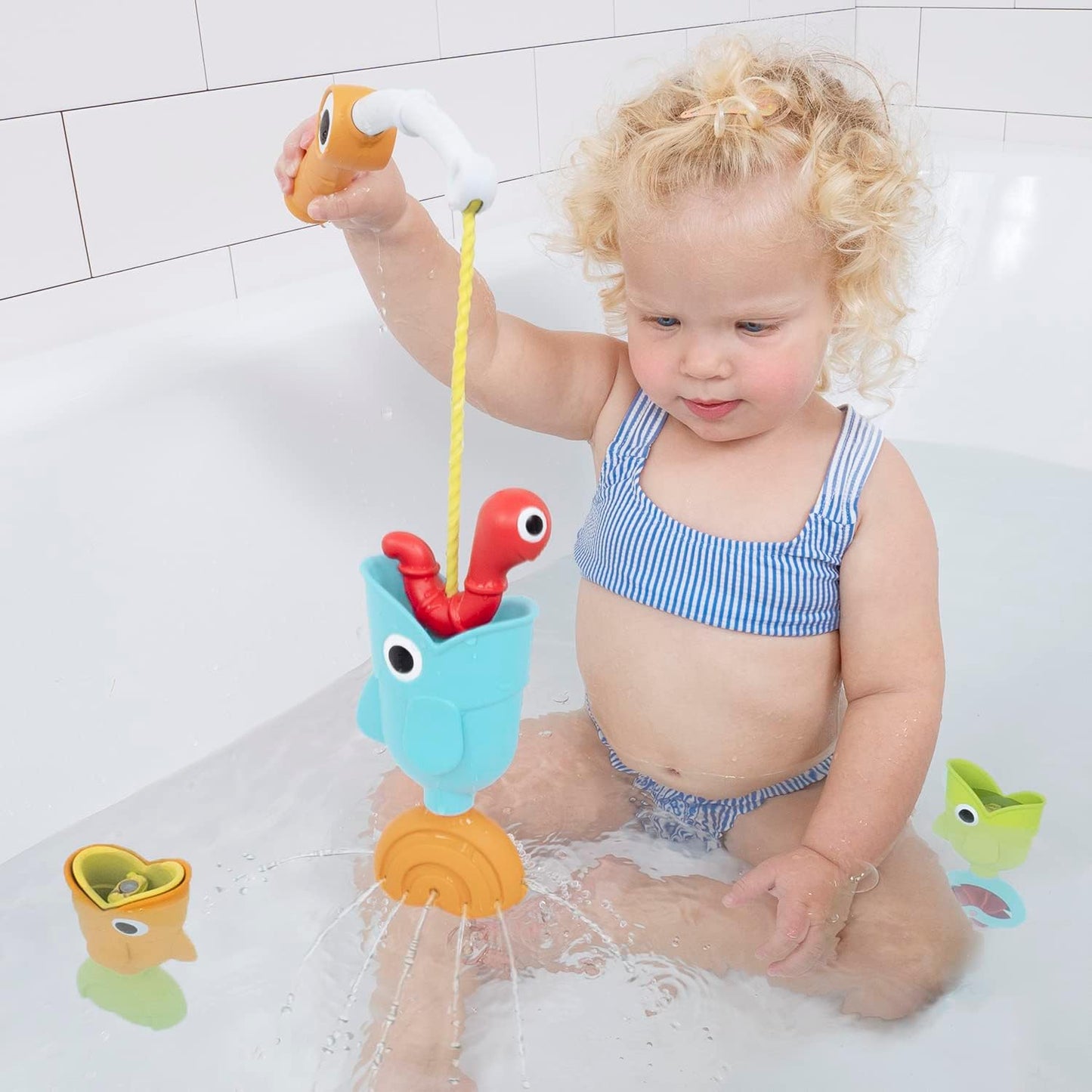 Yookidoo Toddler Baby Bath Magnetic Fishing Game Toy with Water Effects (Ages 2+) Includes 3 Moving Fish, Worm & Fishing Pole (4pc) Floating Fish Playset for Bath Time or Pool (Mold Free)