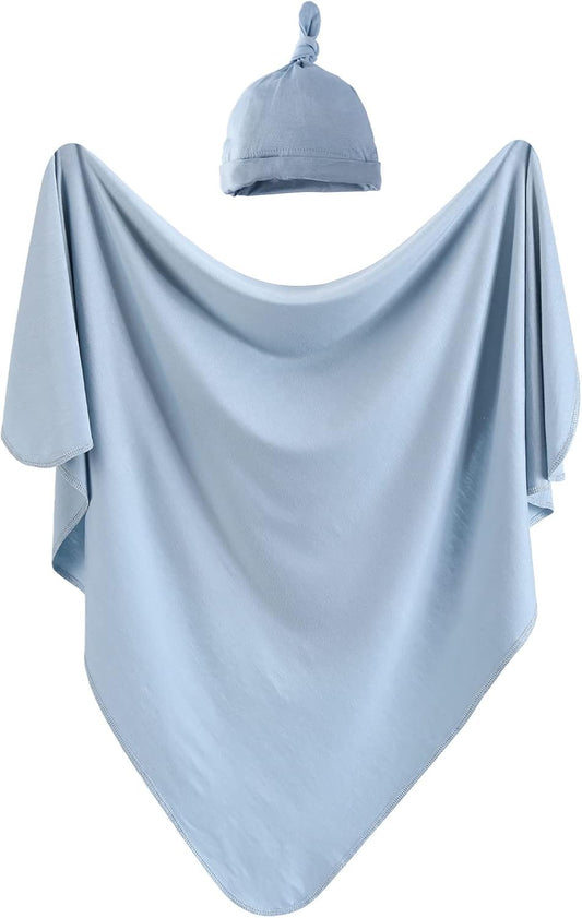 iEvolve Cotton Knitted Baby Swaddle Blanket with Hat Headband Set Newborn Swaddle Wrap Receiving Blankets for Baby Girl Boy 35" x 35"(Lightblue)