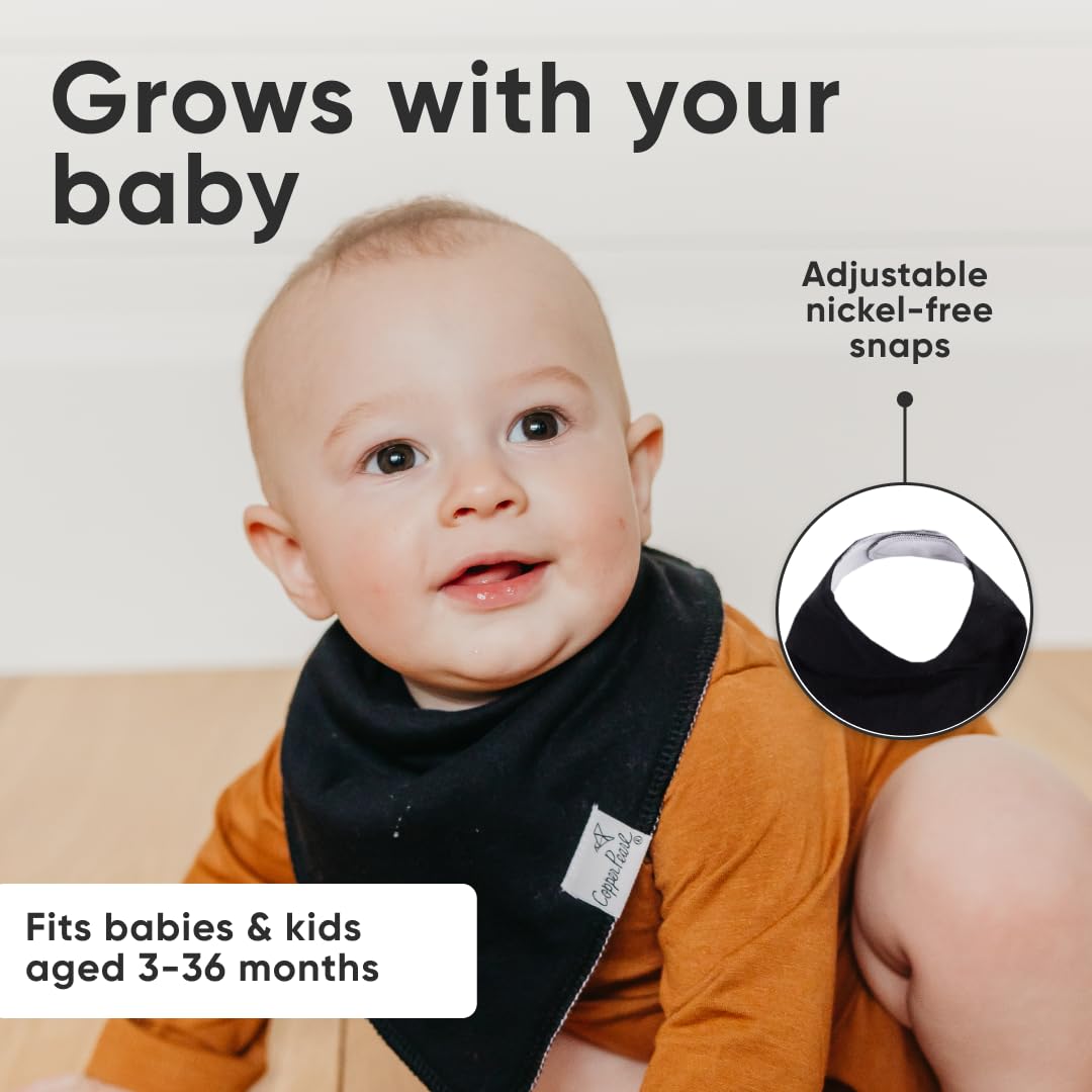 Copper Pearl 4 Pack Soft Cotton Baby Bibs for Drooling and Teething, Absorbent Drool Bibs for Baby Girl and Boy, Adjustable to Fit Newborns to Toddlers (Black Basics)