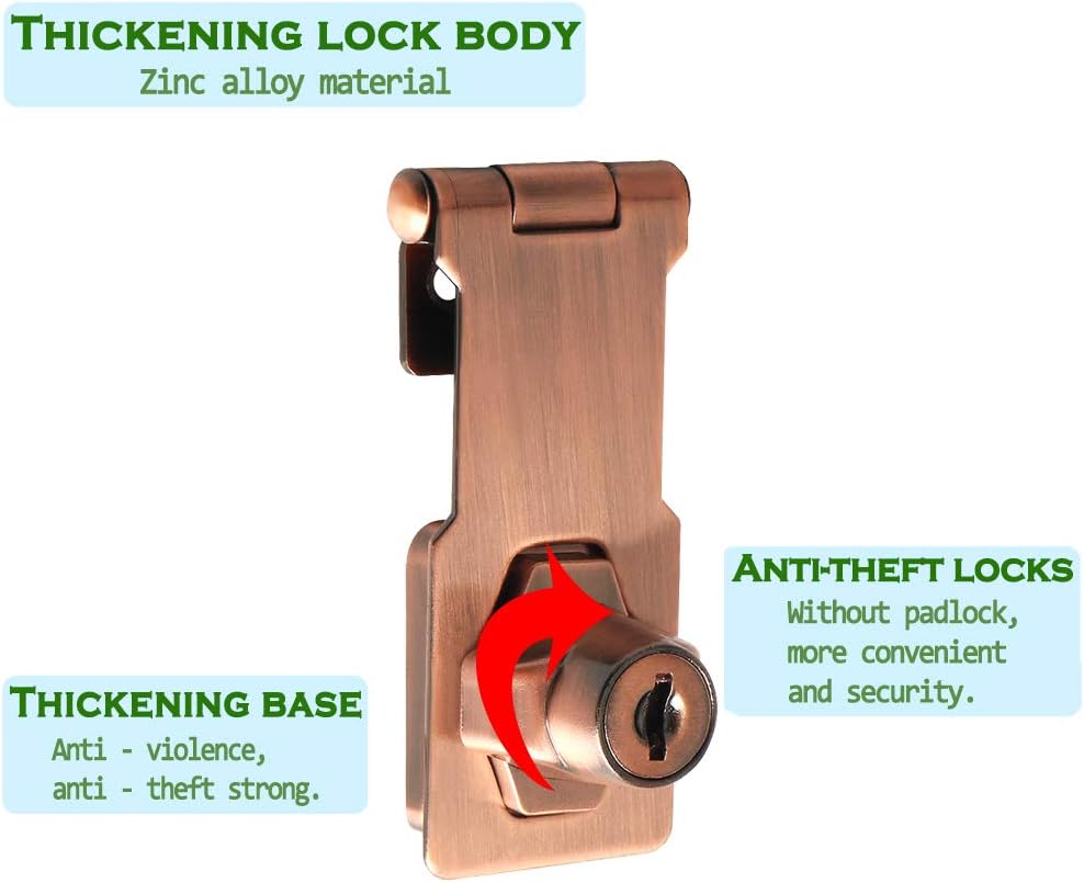 Alise Keyed Hasp Lock,3 Inch Safety Packlock Clasp Hasp Lock Latch with Lock,Door Hinge Lock with Keys Keyed Locking Hasp for Cabinets Closets Doors,Red Bronze