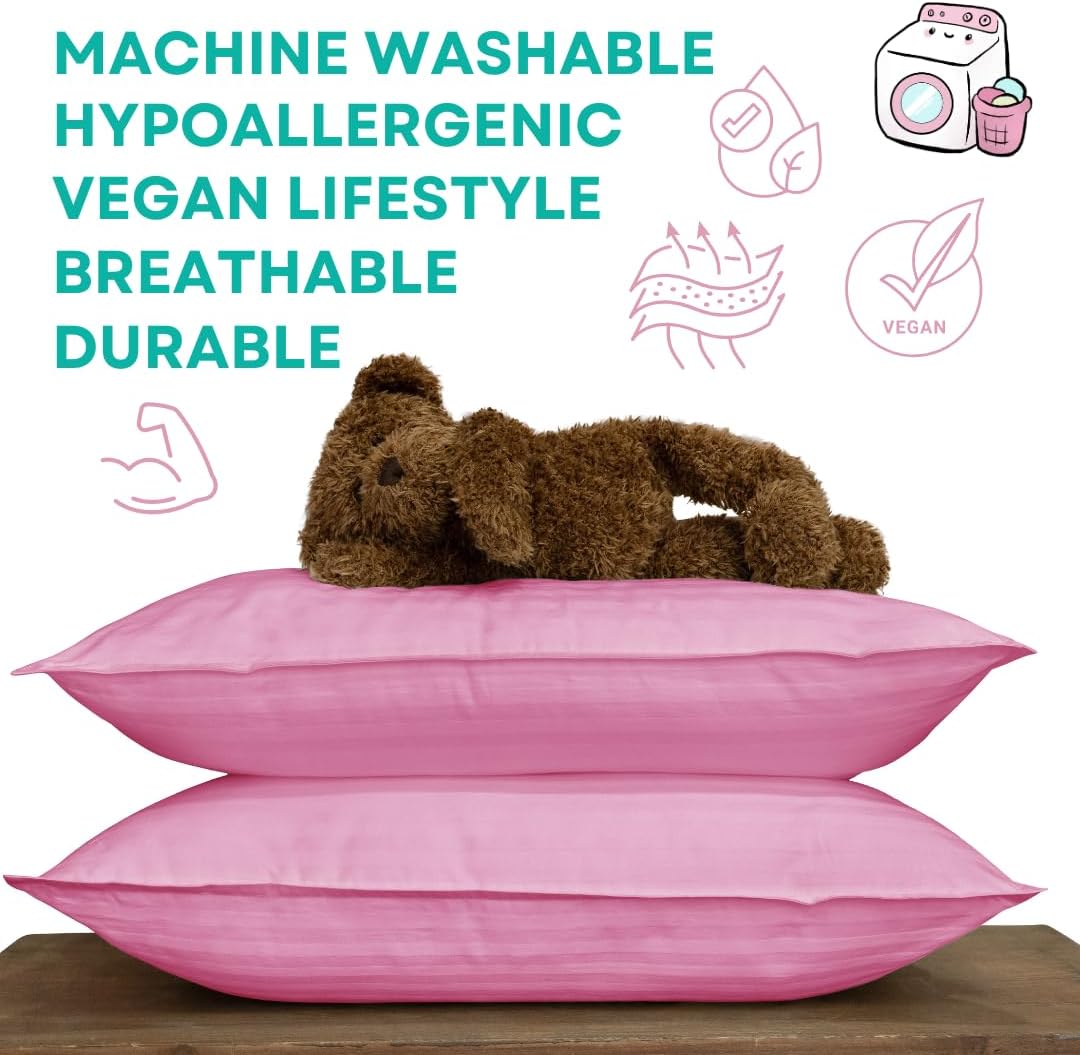 kinder Fluff Children Pillows (2X) - The Only Twin Pillows for Kids 300T Cotton Shell & Down Alternative Fill - Ideal for Travel, Bedding Set & Floor Cushions (16x24in - Pink)