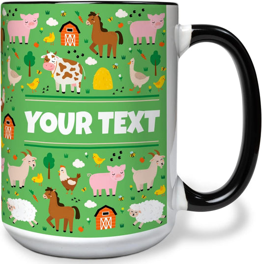 Personalized Mug for Kids - Farm Animals - Custom Name/Text, Ceramic Hot Chocolate/Cocoa/Coffee Cup for Boys/Girls, Birthday/Christmas/Holiday Gift - 15 oz, Black Handle