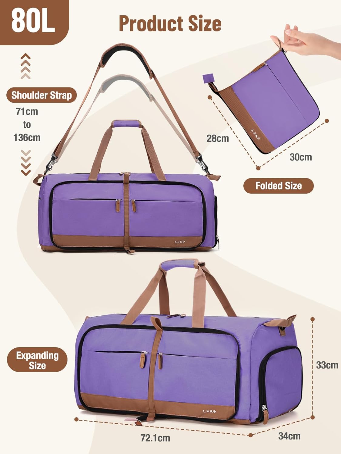 Lekesky Foldable Travel Duffel Bag for Women, 80L Large Duffle Bag with Separate Shoes Compartments & Straps, Carry On Weekend Bag for Women, Hospital, Overnight(Purple)