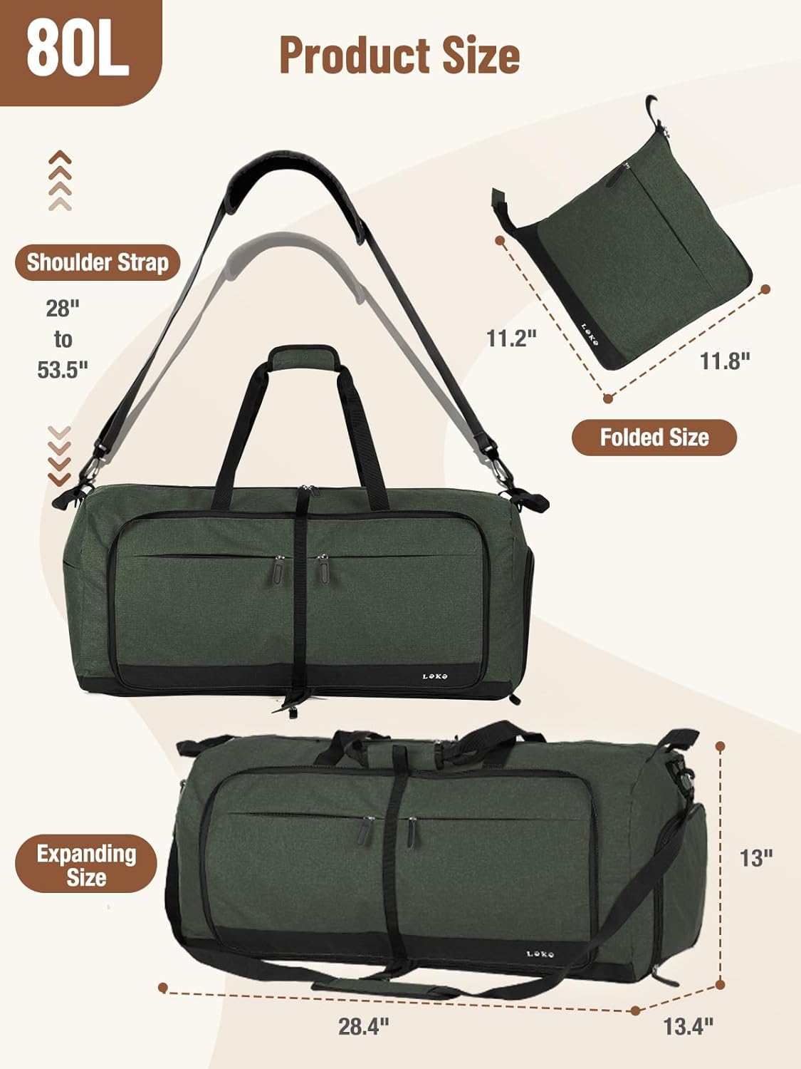 Lekesky Foldable Travel Duffel Bag for Women, 80L Large Duffle Bag with Separate Shoes Compartments & Straps, Carry On Weekend Bag for Women, Hospital, Overnight(Green)