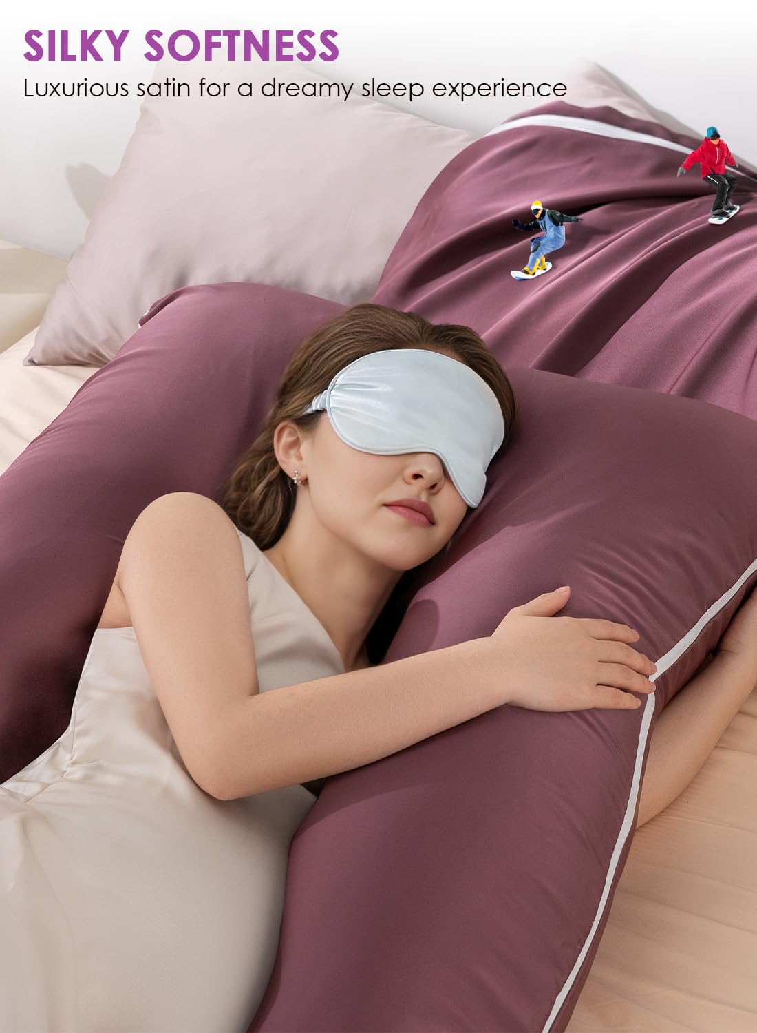 QUEEN ROSE Pregnancy Pillow, Maternity Body Pillow for Sleeping, U Shaped Pillow for Body Support Sleeping, Silky Satin Cover, Purple