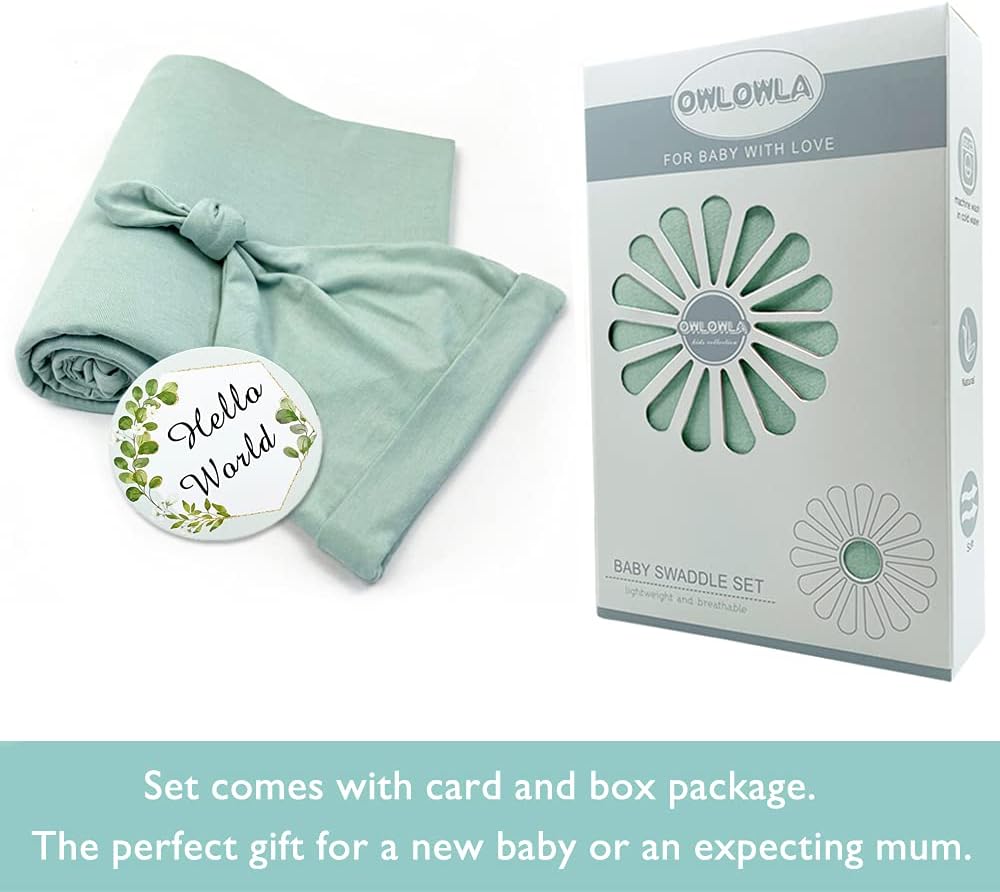 OWLOWLA Swaddle Blanket and Hat Set Newborn Swaddle Wrap Baby Receiving Blanket for Baby Boys Girls(Sage)
