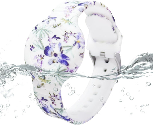 Waterproof AirTag Bracelet for Kids, Soft Silicone Air Tag Hidden Holder Case Compatible with Apple Airtag, Adjustable Anti-Lost Printed Strap GPS Traker for Toddler Child(Iris Flower)