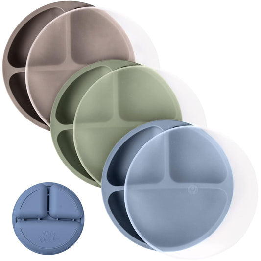 WeeSprout Silicone Plates with Lids for Babies & Toddlers (3 Pack) 100% Food-Grade Dishes for Self Feeding, Divided Design & Raised Edges for Picky Eaters, Dishwasher & Microwave Safe Weaning Supplies