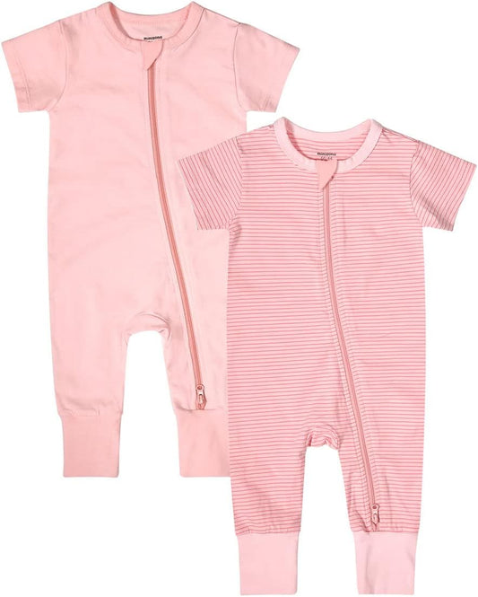 Teach Leanbh Baby Boys Girls 2-Pack Romper Jumpsuits Cotton 2 Way Zipper Short Sleeve Footless Sleep and Play 3-24 Months