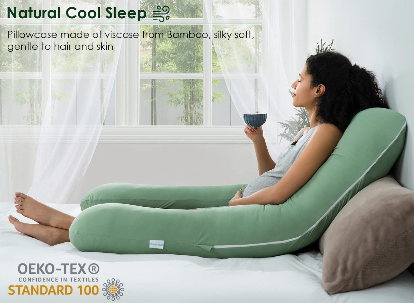 QUEEN ROSE Cooling Pregnancy Pillows, U Shaped Full Body Maternity Pillow for Pregnant Support, Rayon Derived from Bamboo, Buttery Soft, Super Breathable for Hot Sleeper, Green
