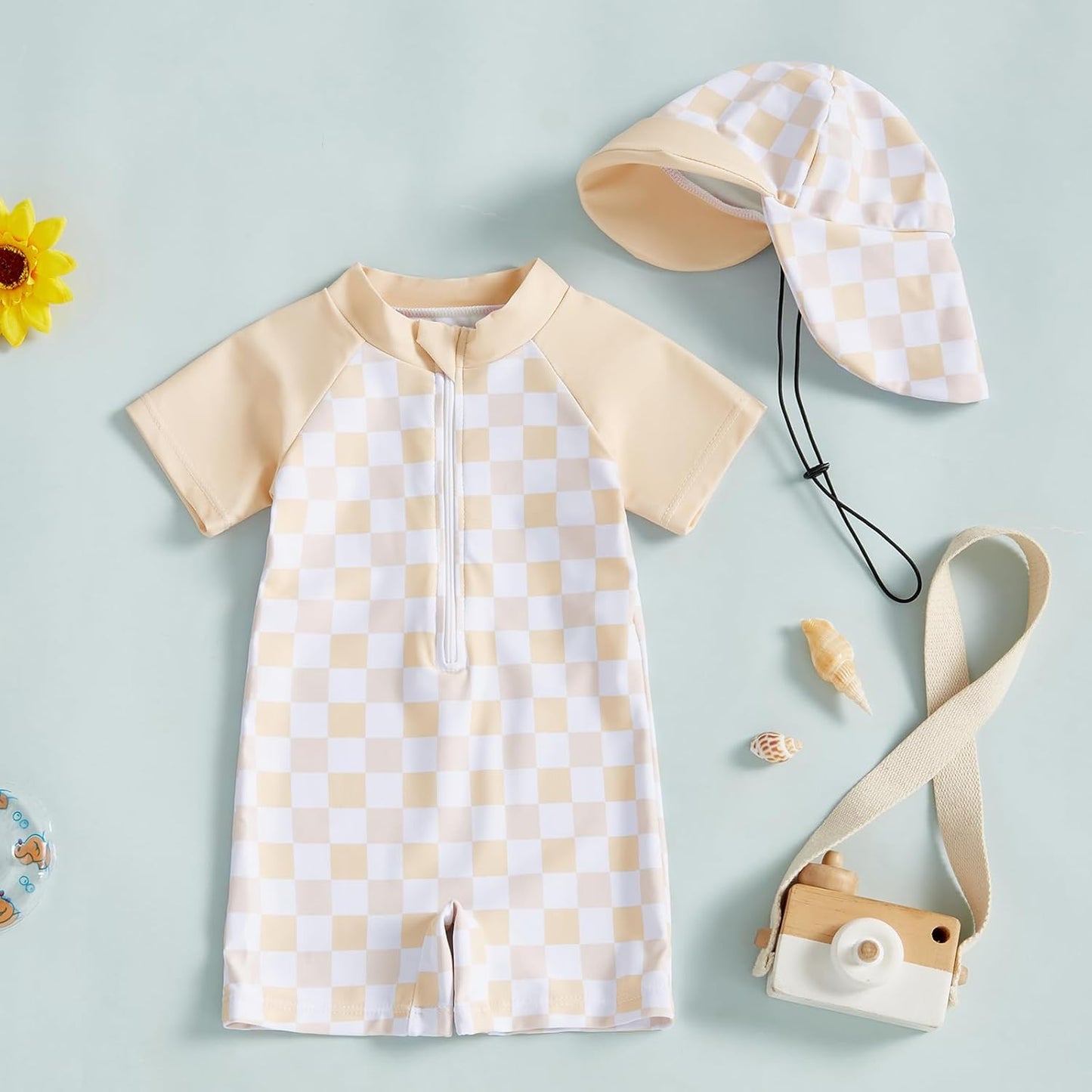 MAYUMMPY Baby Boys Girls Swimwear Casual Zipper One Pieces Rash Guard Swimsuit and Hat Beachwear Bathing Suit