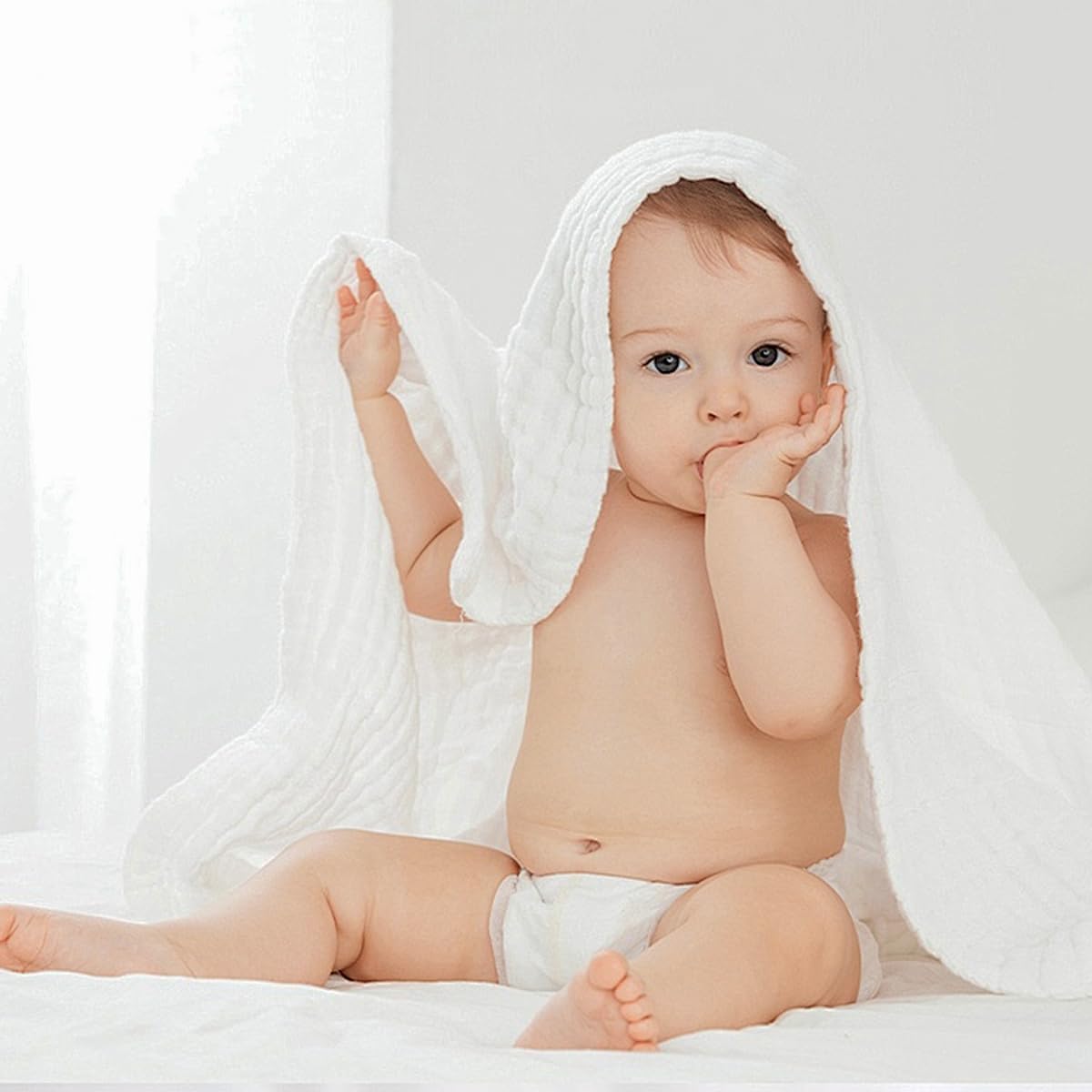 EMME Muslin Baby Blankets 100% Cotton 4-Layer Swaddle 40"x50" Lightweight Soft Breathable for Toddler, Infant, Newborn All Season Gauze Blanket, White