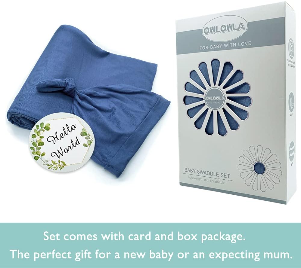 OWLOWLA Swaddle Blanket and Hat Set Newborn Swaddle Wrap Baby Receiving Blanket for Baby Boys Girls(Steel Blue)