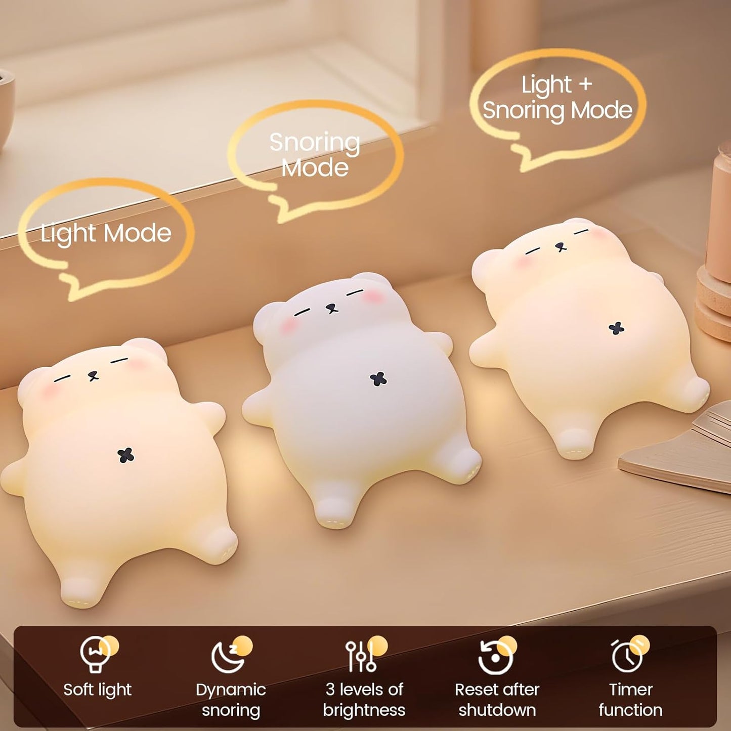 Snoring Bear Night Light – Adorable Gift for Kids, Babies, Moms & Seniors – Soft Silicone Sleep Lamp with Sound, 3 Brightness Levels, 30-Min Timer – BPA-Free Bedside Nightlight