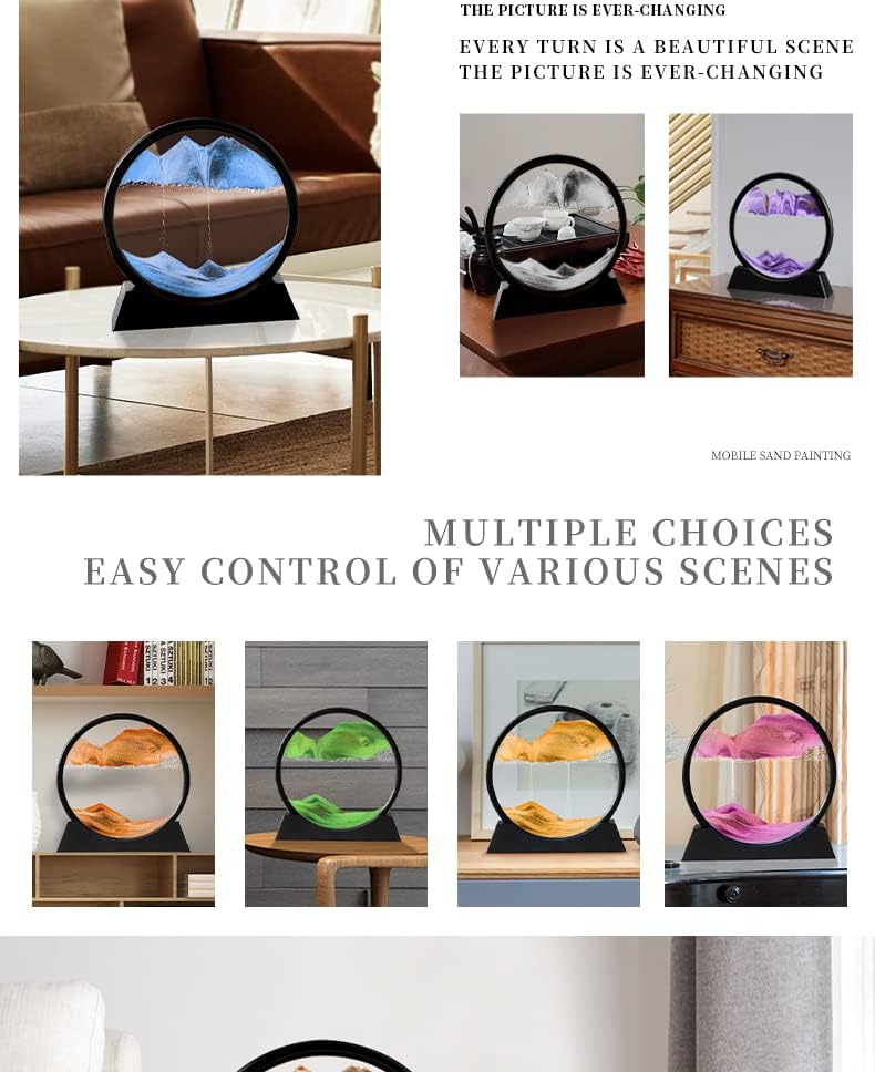 Moving Sand Art Picture 3D Deep Sea Sandscapes Sand Art Liquid Motion Bubbler Timer for Adult Kid Desktop Art Toys for Home Decor and Office(Round+Black+7In)