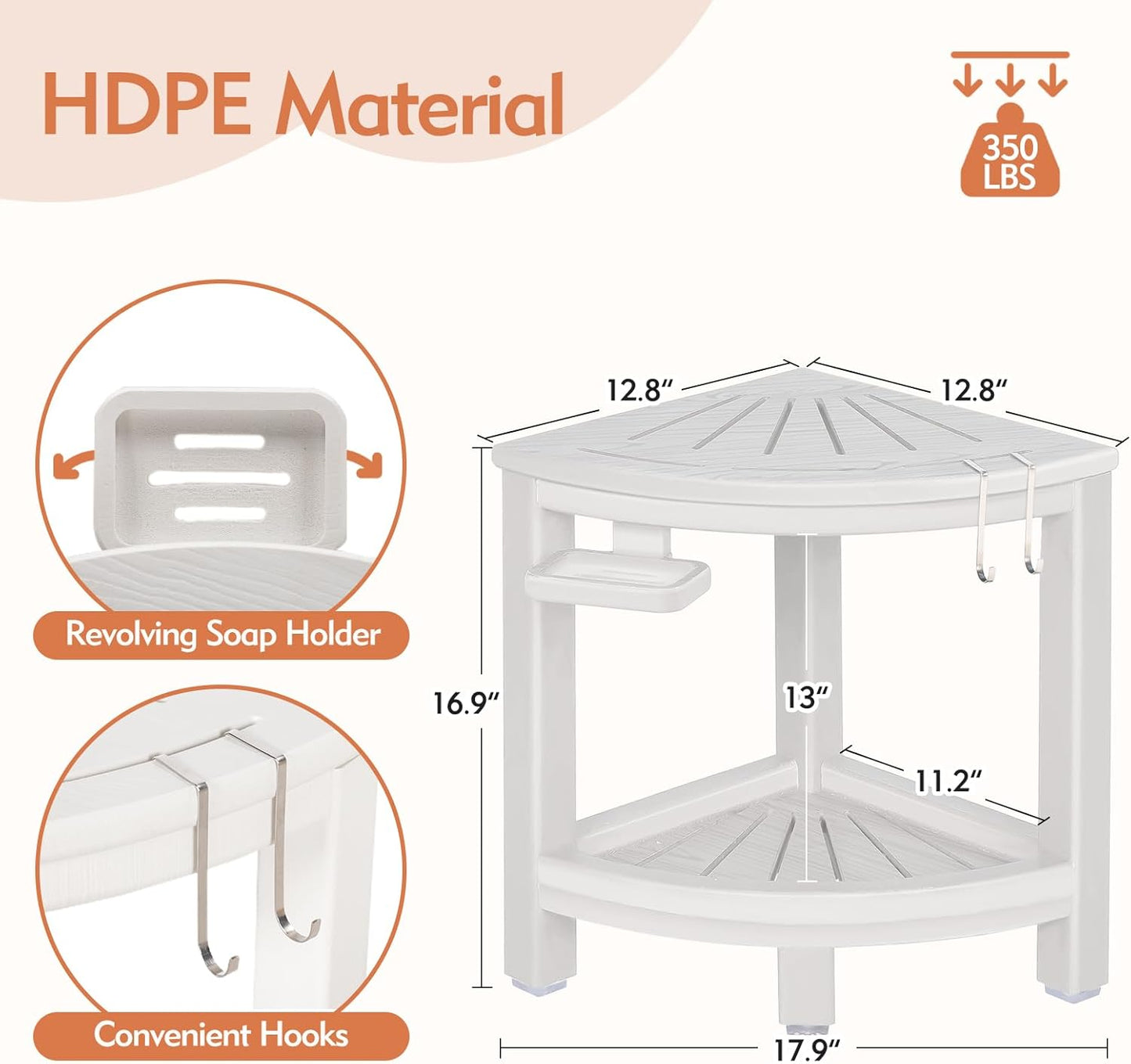 2-Tier Corner Shower Stool with Hooks & Soap Dish, HDPE Shower Bench for Shaving Legs, Wood-Like Shower Stool for Inside Shower with Non-Slip Foot Pads, Waterproof Shower Foot Rest (White)