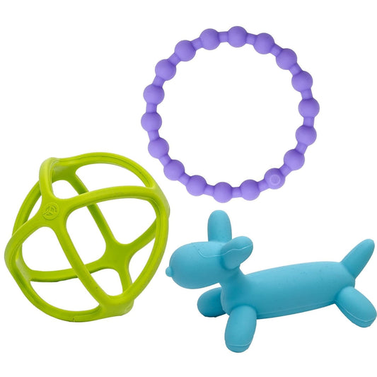 WeeSprout Silicone Baby Teether Toys for Infant Babies and Toddlers, Cute Ring, Puppy Dog, and Ball, Soft and Flexible, BPA Free, Boys and Girls (Bright Green, Purple & Blue)