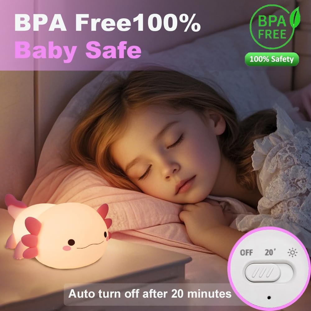 Cute Axolotl Night Light for Kids Bedroom, Animal Silicone Nursery Night Lamp Touch Control Nightlights USB Rechargeable Bedside Lamp for Baby Children Toddlers Girls Gift (Pink Axolotl)