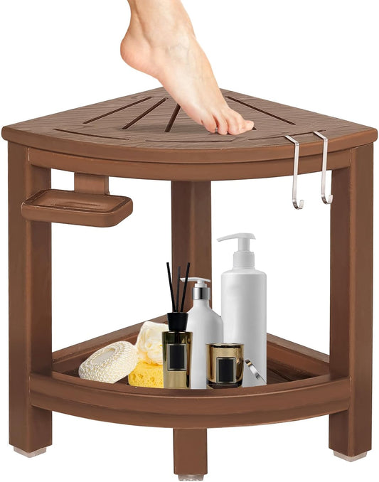 2-Tier Corner Shower Bench with Hooks & Soap Dish, HDPE Waterproof Stool for Shaving Legs, Non-Slip Shower Foot Rest - Brown