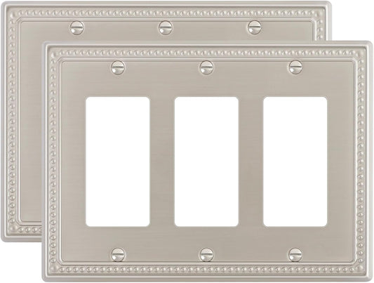 2-Pack Triple Decorator Outlet Cover Plate, Brushed Nickel Pearls Decorative Switch Plates and Outlet Covers, Metal Wall Plates for Electrical Outlets.