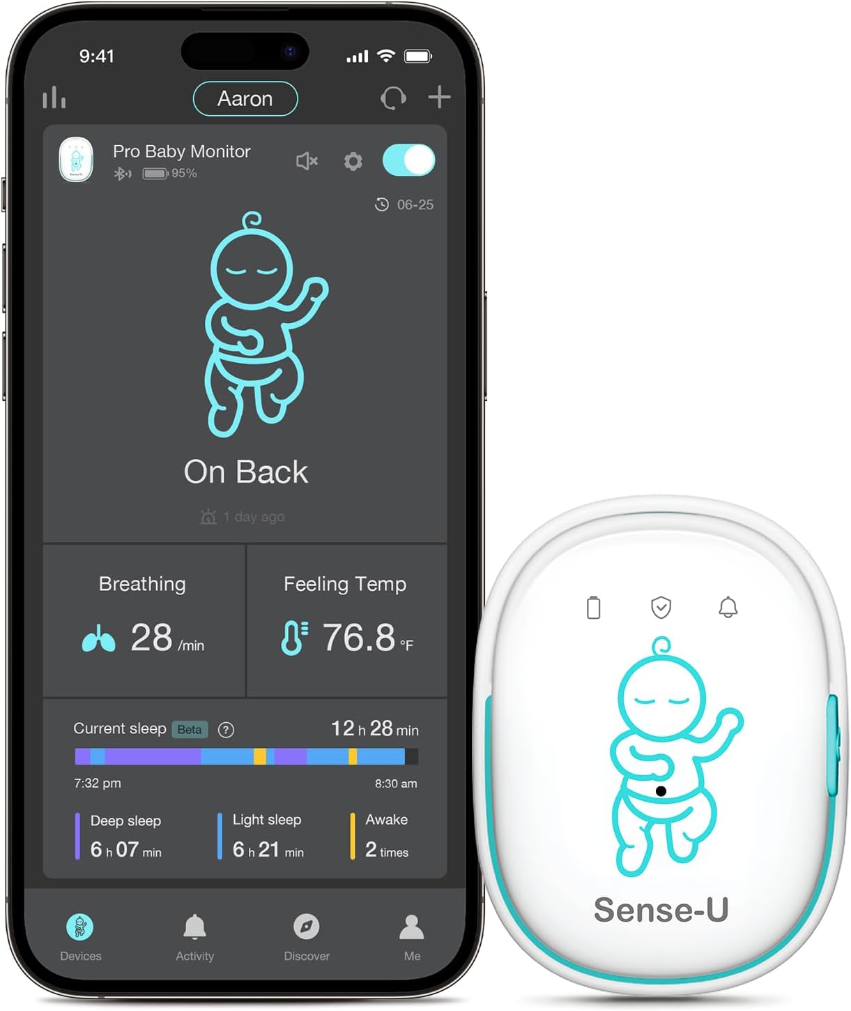 Sense-U Smart Baby Monitor Pro with Arousal Vibration, Audible and App Alerts: Tracks Abdominal Movement, Rollover, Feeling Temperature, Portable & Wearable Smart Sleep Monitor, Green