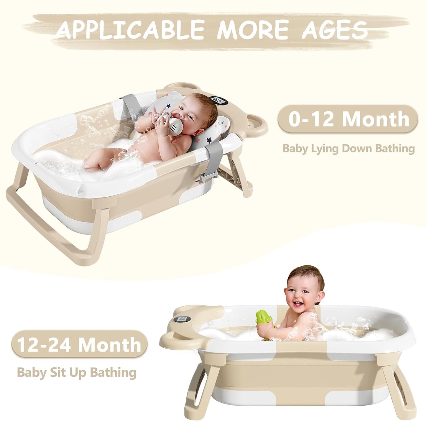 MoreFeel Collapsible Baby Bathtub for Newborn with Thermometer & 1 Hooded Towel & 1 Soft Floating Cushion,Portable Travel Bathtub with Drain Hole, Durable Foldable Baby Tubs for Infants to Toddler