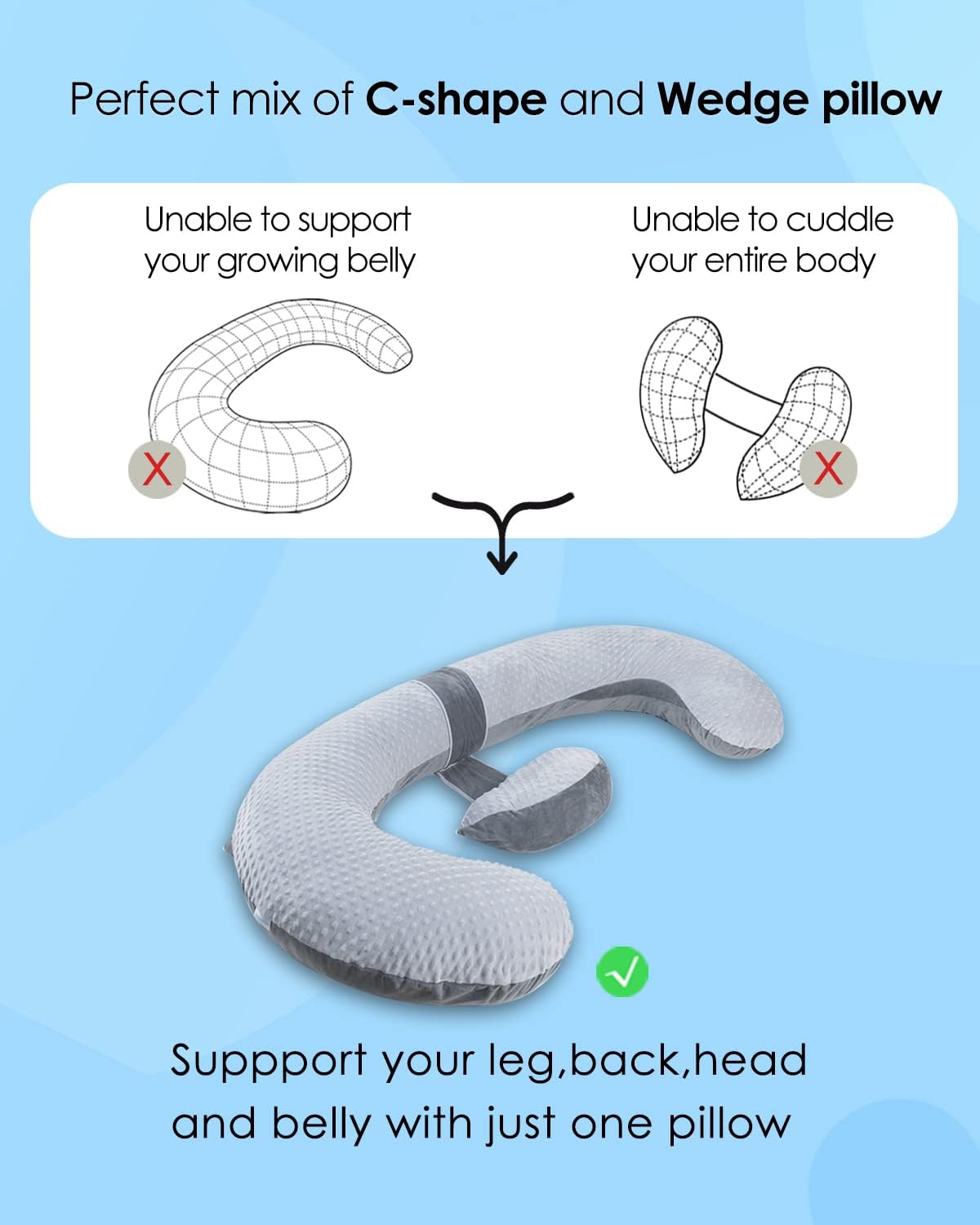 QUEEN ROSE Pregnancy Pillows, E Shaped Full Body Pillow for Sleeping, with Pregnancy Wedge Pillow for Belly Support, 60 Inch Maternity Pillow for Side Sleeper, Grey Velvet