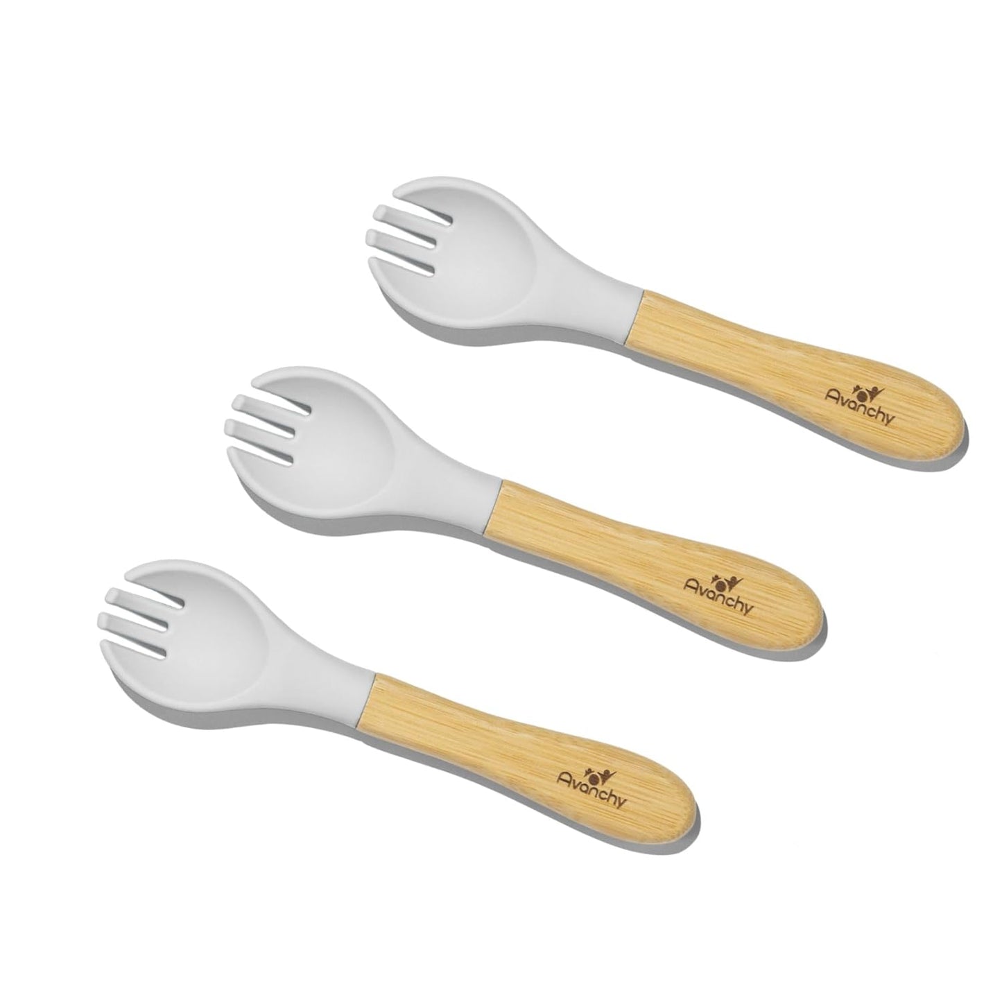 Avanchy Baby Fork Set, Bamboo and Silicone Spork Utensils, Toddler Baby Led Weaning Silverware Cutlery Flatware, Kids First Self Feeding