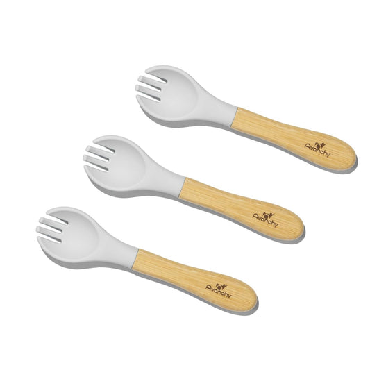 Avanchy Baby Fork Set, Bamboo and Silicone Spork Utensils, Toddler Baby Led Weaning Silverware Cutlery Flatware, Kids First Self Feeding