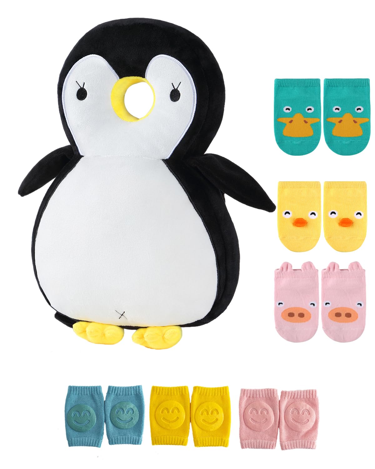 JunNeng Toddler Baby Head Protector Backpack for Toddler Walker with Knee Pads&Anti-Slip Socks, Penguin