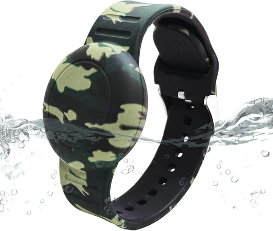 Waterproof AirTag Bracelet for Kids, Soft Silicone Air Tag Hidden Holder Case Compatible with Apple Airtag, Adjustable Anti-Lost Printed Strap GPS Traker for Toddler Child(Camouflage Green)