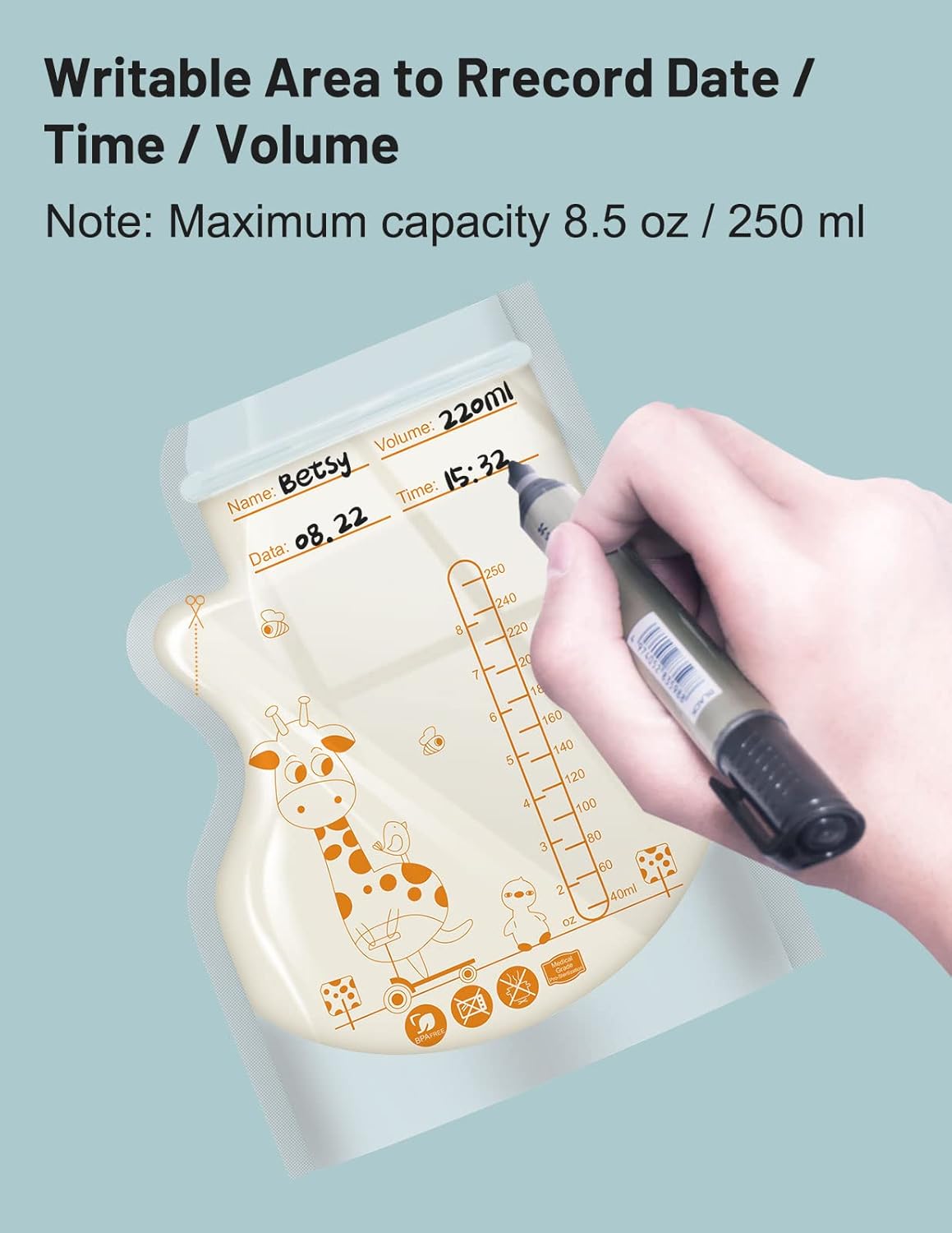 Breastmilk Storage Bag Freezer, 8.5 OZ / 40 Pcs Breast Milk Storage Bags Freezer with Double Zip Lock, Self Standing, Pre-Sterilized Milk Storage Bags Breastmilk, Space Saving Flat Profile