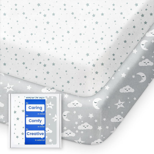 Pack and Play Sheets Fitted, TotBasic Buttery Soft Portable Crib Sheets, Compatible with Graco Pack n Play Playard Crib & Other 27 x 39 Inch Playpen Mattress, 2 Pack Playard Sheets(Grey Stars & Moon)