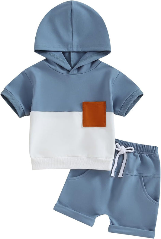 Toddler Baby Boy Summer Hooded Outfit Contrast Color Short Sleeve T Shirt Top Elastic Shorts Summer Clothes Set