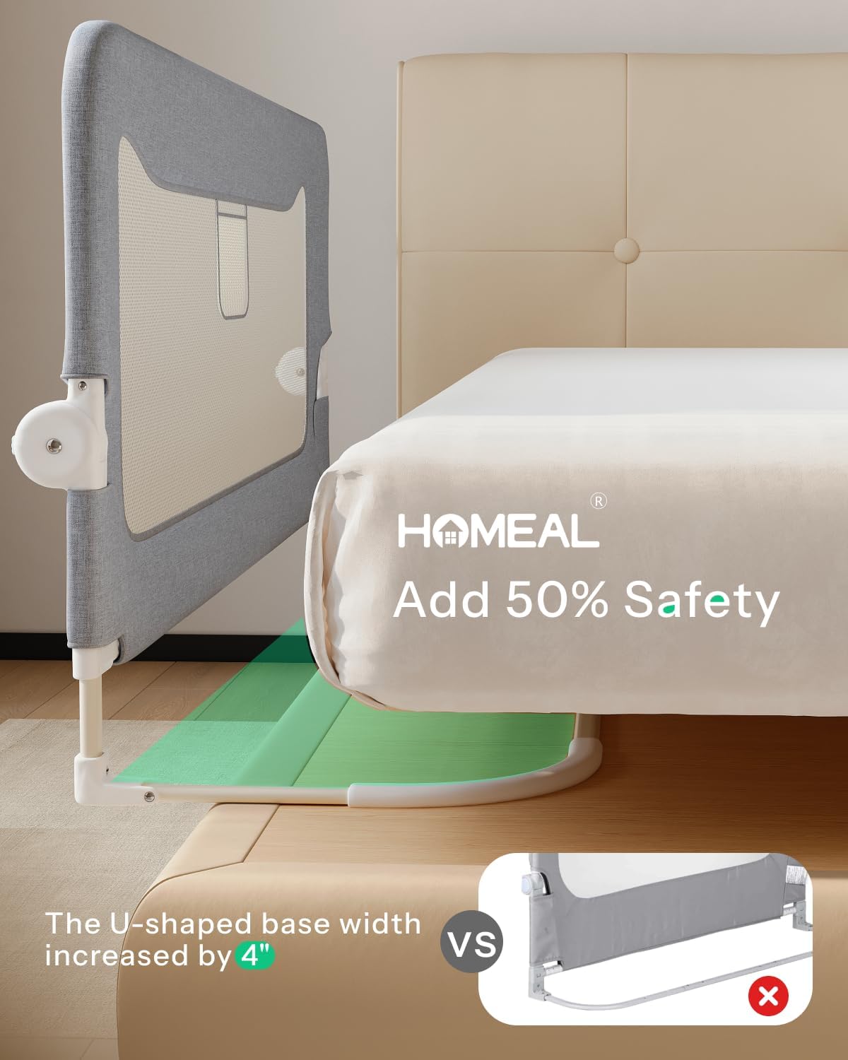 HOMEAL Bed Rail for Toddlers，47" x 26" Grey, Long Tall Foldable Baby Bed Rail Guard for Easy Use and Storage, U-Shaped Base Width Increased by 4", Suitable for Twin, Full, Queen, King Size Bed