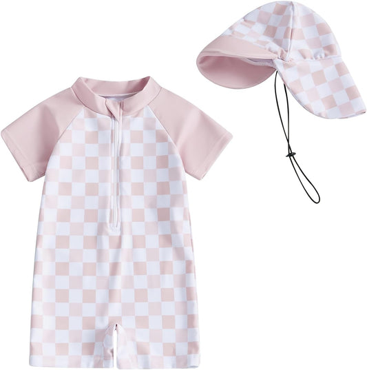 MAYUMMPY Baby Boys Girls Swimwear Casual Zipper One Pieces Rash Guard Swimsuit and Hat Beachwear Bathing Suit