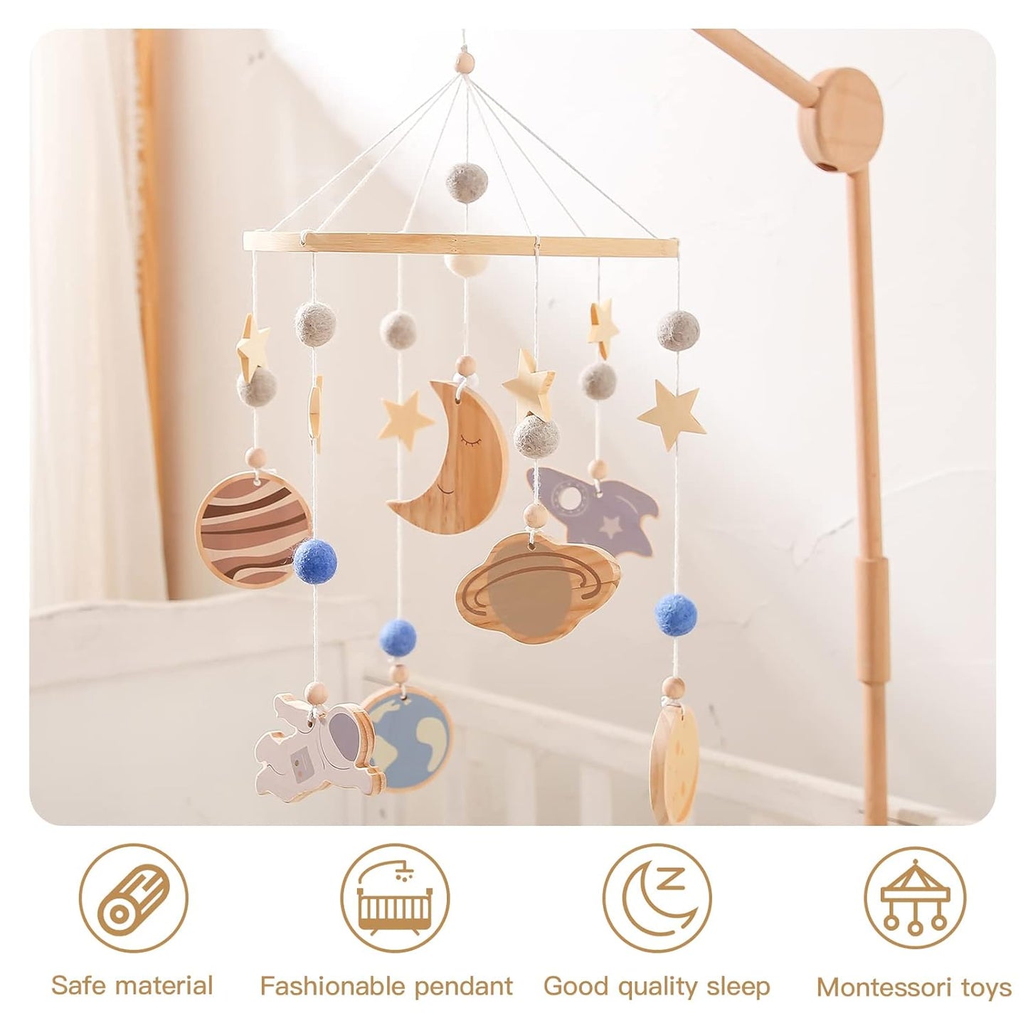 Space Nursery Mobile - Wooden Baby Mobile - Solar System Crib Mobile Astronaut Space Theme Nursery Bed Decoration, Gift for Newborn (Blue)