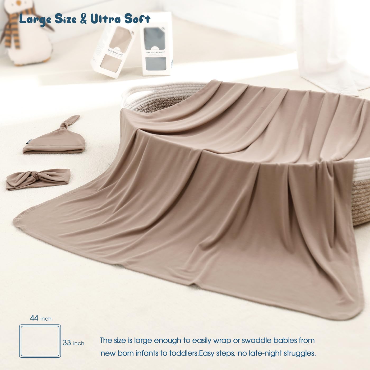 GRSSDER Newborn Swaddle Blanket, Ultra Soft Jersey Receiving Blanket with Matching Headband and Beanie Set 33×44", Stretchy Baby Neutral Swaddle Wrap for Girls and Boys