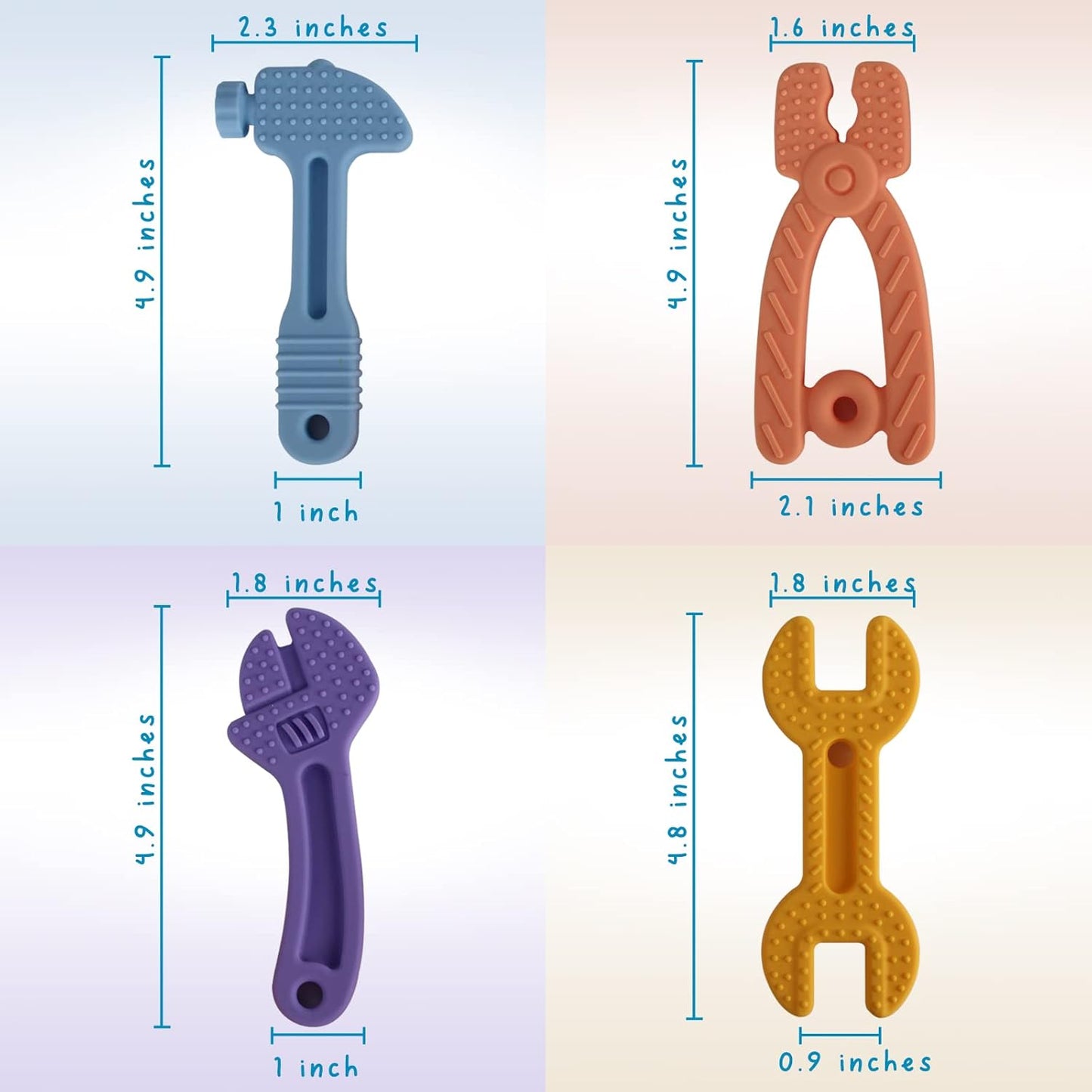 Fu Store 4 Pack Soft Silicone Teething Toys for 0-12Months 6-24 Months Toddlers Infant Hammer Tools Shape Baby Teethers Relief Soothe Babies Gums Set