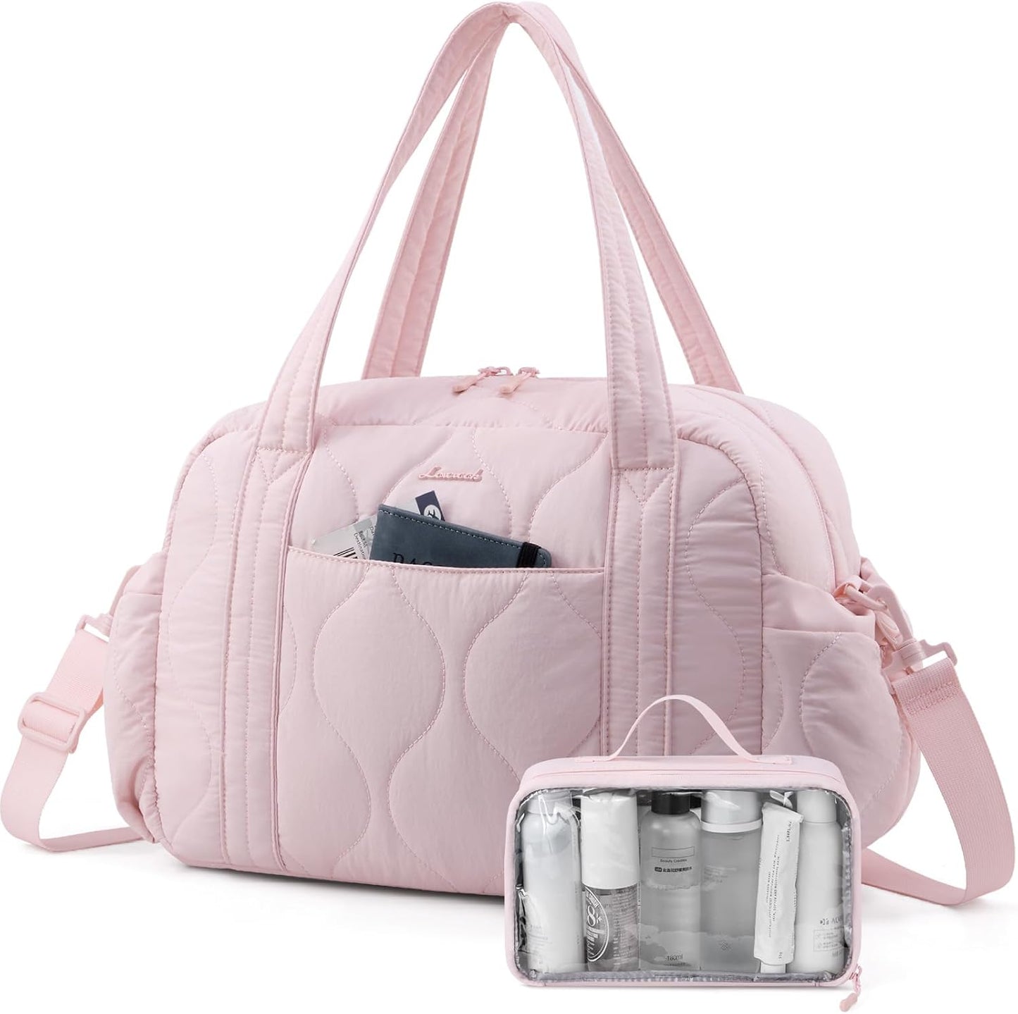 LOVEVOOK Gym Bag for Women, Puffer Travel Duffle Bag with Wet Pocket, Lightweight Carry On Bag Weekender Overnight Bag with Toiletry Bag, Multiple Pockets Personal Item Travel Bag for Airplanes