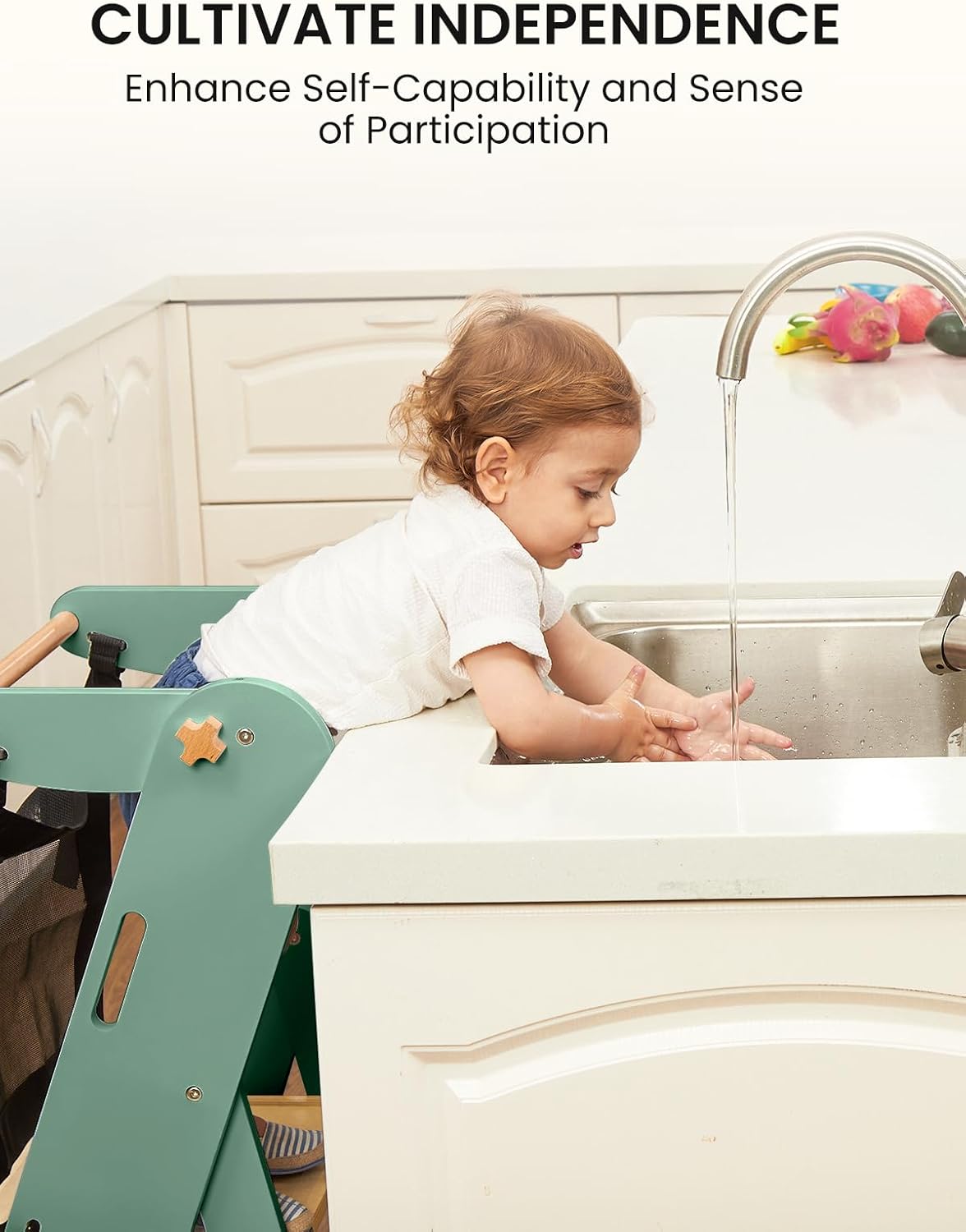 GROWNSY Foldable Step Stool Toddler Tower, Toddler Kitchen Stool Helper, Collapsible Kids Standing Learning Tower with 3 Adjustable Heights and Safety Net for Kitchen Bathroom Sink Counter (Green)