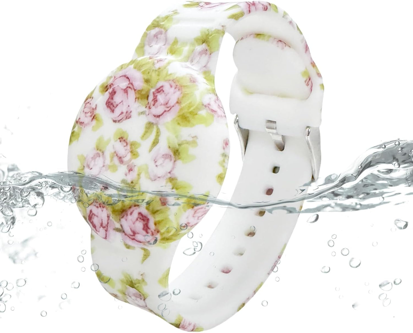 Waterproof AirTag Bracelet for Kids, Soft Silicone Air Tag Hidden Holder Case Compatible with Apple Airtag, Adjustable Anti-Lost Printed Strap GPS Traker for Toddler Child(Pink Rose)